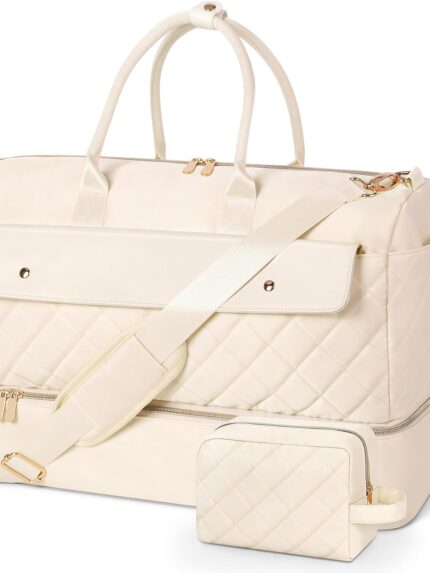 Travel Duffel Bag, Large Weekender Bag for Women with Shoe Compartment, Carry on Overnight Bag with Toiletry Makeup Bag, Gym Duffel Bag Travel Tote Bag for Travel Gym Camping Hospital, Beige