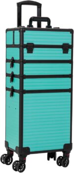 4 in 1 Portable Traveling Aluminum Professional Makeup Trolley Cart with Multiple-Sized Compartments and Wheels (Black with Azure)