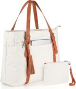 Women Laptop Tote Bag for Work Travel,Teacher Nurse Bag with Zipper Compartments,Cute School Bookbag for College Church,Canvas,Gifts,Beige Khaki