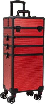 4 in 1 Portable Traveling Aluminum Professional Makeup Trolley Cart with Multiple-Sized Compartments and Wheels (Black with red)