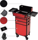 4 in 1 Portable Traveling Aluminum Professional Makeup Trolley Cart with Multiple-Sized Compartments and Wheels (Black with red) - Image 2