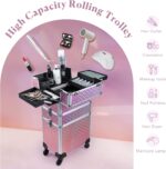 3 in 1 Rolling Makeup Train Case Portable Cosmetic Trolley Large Storage for Professional with 360° Swivel Wheels Salon Barber Case Traveling Cart TrunkGlitter Pink - Image 2