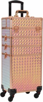4 in 1 Portable Traveling Aluminum Professional Makeup Trolley Cart with Multiple-Sized Compartments and Wheels (Golden diamond) - Image 2