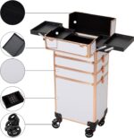 4 in 1 Portable Traveling Aluminum Professional Makeup Trolley Cart with Multiple-Sized Compartments and Wheels (Gold with White) - Image 2