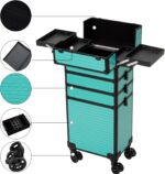 4 in 1 Portable Traveling Aluminum Professional Makeup Trolley Cart with Multiple-Sized Compartments and Wheels (Black with Azure) - Image 2
