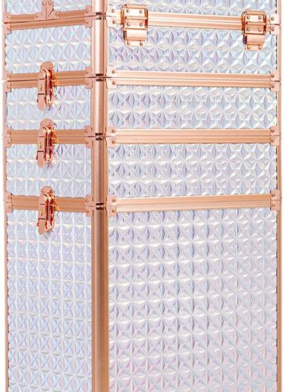 5 in 1 Professional Makeup Train Case Aluminum Cosmetic Case Rolling Makeup Case Extra Large Trolley Makeup Travel Organizer, with 360° Swivel Wheels, White and Gold, JG0001