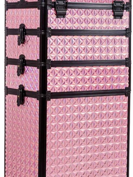 5 in 1 Professional Makeup Train Case Aluminum Cosmetic Case Rolling Makeup Case Extra Large Trolley Makeup Travel Organizer, with 360° Swivel Wheels, Pink, JG0001
