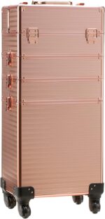 4 in 1 Portable Traveling Aluminum Professional Makeup Trolley Cart with Multiple-Sized Compartments and Wheels, Rose Gold