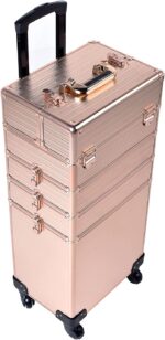 4 in 1 Portable Traveling Aluminum Professional Makeup Trolley Cart with Multiple-Sized Compartments and Wheels, Rose Gold - Image 2
