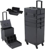 5 in 1 Rolling Makeup Case Professional Cosmetic Train Case Trolley Makeup Organizer Makeup Travel Case with Key Swivel Wheels Salon Barber Case Traveling Cart Trunk, 32.7"x14"x10"（Black）