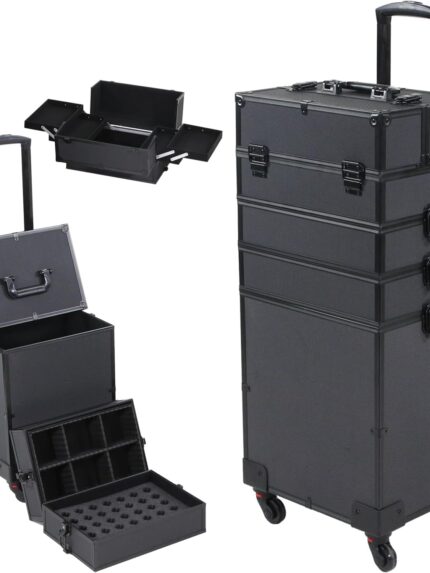 5 in 1 Rolling Makeup Case Professional Cosmetic Train Case Trolley Makeup Organizer Makeup Travel Case with Key Swivel Wheels Salon Barber Case Traveling Cart Trunk, 32.7"x14"x10"（Black）