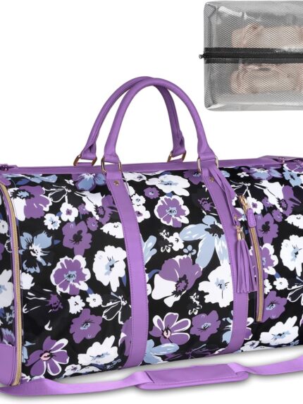Carry On Garment Bag for Women, Convertible Garment Bag for Travel with Shoe Pouch, Water Resistant Travel Duffel Bag, 2 in 1 Hanging Suitcase Suit Travel Bags Weekender Bag, Floral