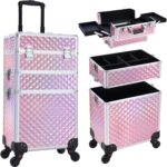3 in 1 Rolling Makeup Train Case Portable Cosmetic Trolley Large Storage for Professional with 360° Swivel Wheels Salon Barber Case Traveling Cart TrunkGlitter Pink