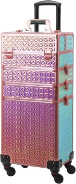 4 in 1 Portable Traveling Aluminum Professional Makeup Trolley Cart with Multiple-Sized Compartments and Wheels (Golden diamond)