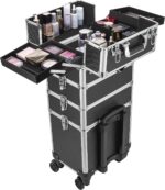 4 in 1 Makeup Rolling Train Case Aluminum Trolley Professional Cosmetic Organizer Box with Shoulder Straps 2 Keys Black(Cosmetic are not included)